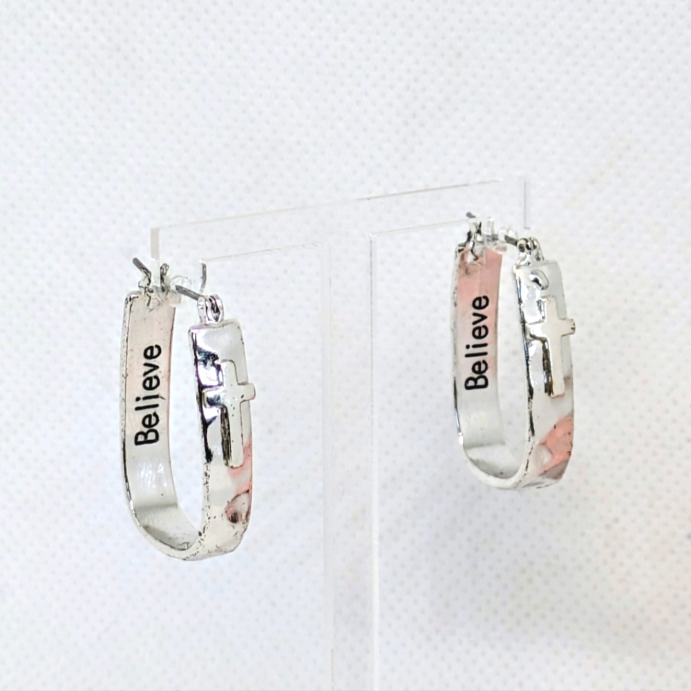 Silver Tone Hoop Earrings With Cross Believe Inscription Spiritual Motivational